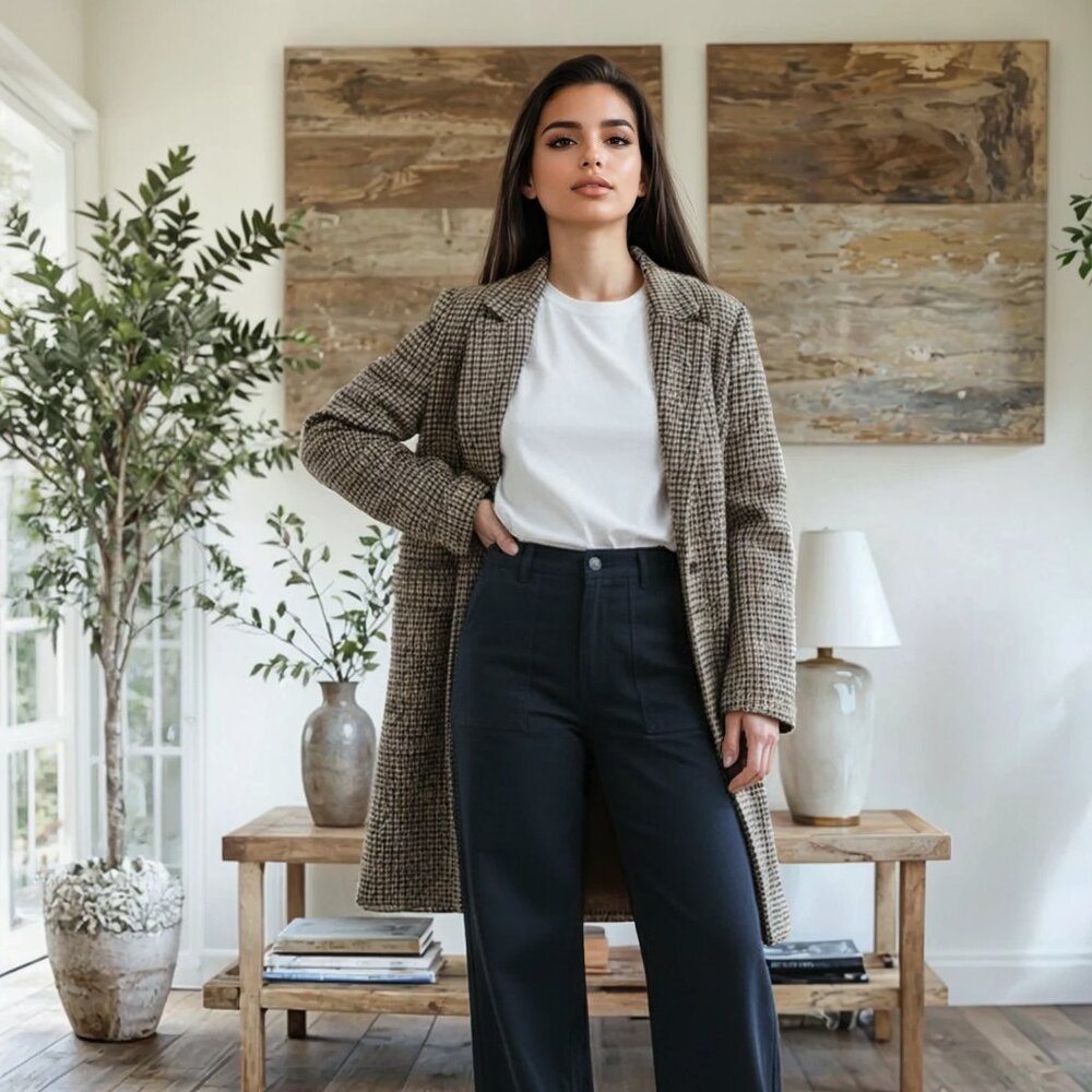 Jules & Leopold Long Oversized One Button Houndstooth Blazer | Cream Black Gold